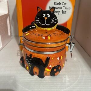 VTG Halloween Black Cat Ceramic Snap Cookie Jar Holiday Kitchen Home Decor